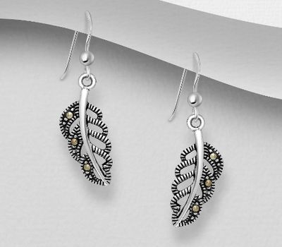 925 Sterling Silver Oxidized Leaf Hook Earrings, Decorated with Marcasite