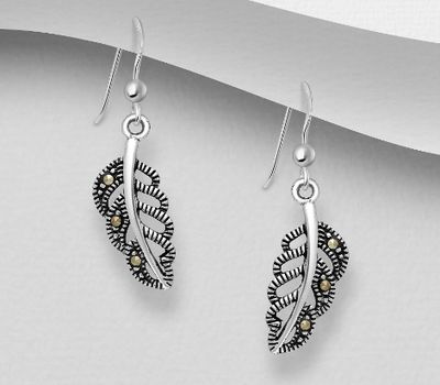 Şəkli böyütmək üçün tiklayın 925 Sterling Silver Oxidized Leaf Hook Earrings, Decorated with Marcasite