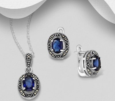 925 Sterling Silver Oxidized Omega-Lock Earrings and Pendant Jewelry Set, Decorated with CZ Simulated Diamonds and Marcasite