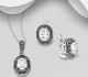 925 Sterling Silver Oxidized Omega-Lock Earrings and Pendant Jewelry Set, Decorated with CZ Simulated Diamonds and Marcasite