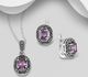 925 Sterling Silver Oxidized Omega-Lock Earrings and Pendant Jewelry Set, Decorated with CZ Simulated Diamonds and Marcasite