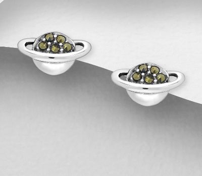 Şəkli böyütmək üçün tiklayın 925 Sterling Silver Saturn Push-Back Earrings, Decorated with Marcasites