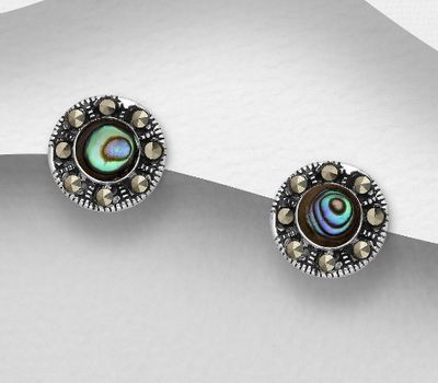 925 Sterling Silver Oxidized Circle Push-Back Earrings, Decorated with Marcasite and Shell