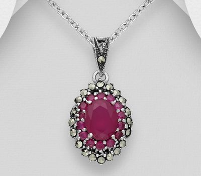 925 Sterling Silver Oxidized Oval Pendant, Decorated with CZ Simulated Diamonds and Marcasite