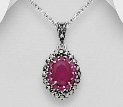 Şəkli böyütmək üçün tiklayın 925 Sterling Silver Oxidized Oval Pendant, Decorated with CZ Simulated Diamonds and Marcasite