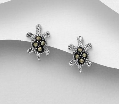 Şəkli böyütmək üçün tiklayın 925 Sterling Silver Oxidized Turtle Push-Back Earrings, Decorated with Marcasite