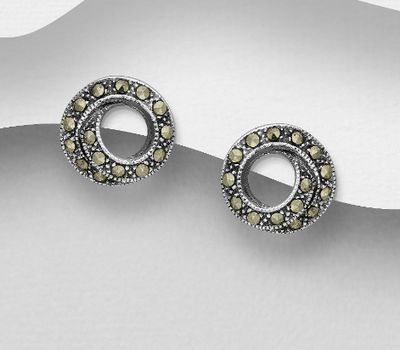 925 Sterling Silver Oxidized Swirl Push-Back Earrings, Decorated with Marcasite