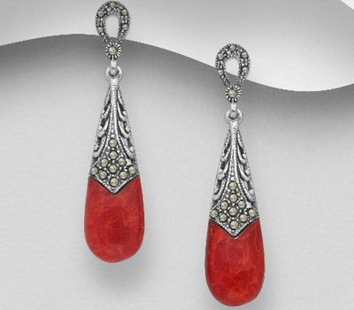 Şəkli böyütmək üçün tiklayın 925 Sterling Silver Push-Back Earrings Decorated With Marcasite & Reconstructed Turquoise & Resin