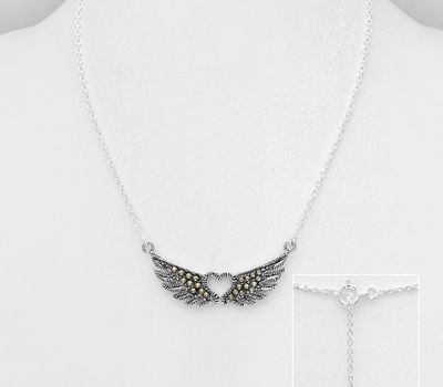 925 Sterling Silver Heart and Wings Necklace Decorated With Marcasite