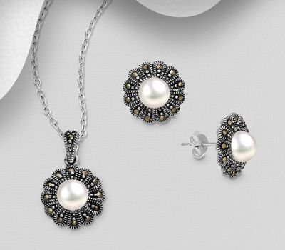 925 Sterling Silver Push-Back Earrings & Pendant Decorated With Fresh Water Pearl & Marcasite