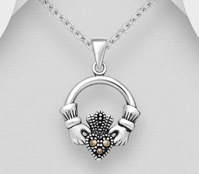 925 Sterling Silver Oxidized Claddagh Pendant, Decorated with Marcasite