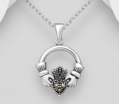 Şəkli böyütmək üçün tiklayın 925 Sterling Silver Oxidized Claddagh Pendant, Decorated with Marcasite