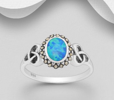 925 Sterling Silver Celtic Ring Decorated With Lab-Created Opal and Marcasite