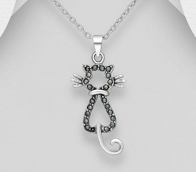 925 Sterling Silver Cat Pendant Decorated With Marcasite