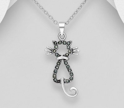 Şəkli böyütmək üçün tiklayın 925 Sterling Silver Cat Pendant Decorated With Marcasite