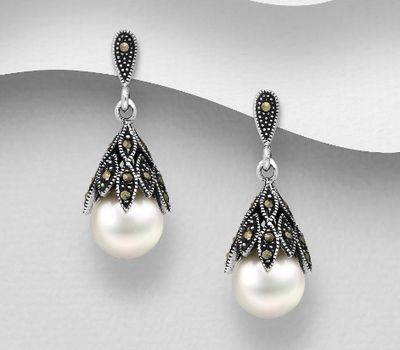 925 Sterling Silver Push-Back Earrings Decorated With Marcasite & Reconstructed Shell