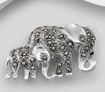 925 Sterling Silver Mom And Baby Elephant Brooch Decorated With Marcasite