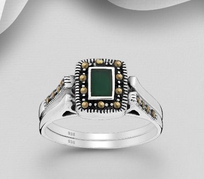925 Sterling Silver Ring Decorated With Marcasite Reconstructed Turquoise / Semi-Gemstones