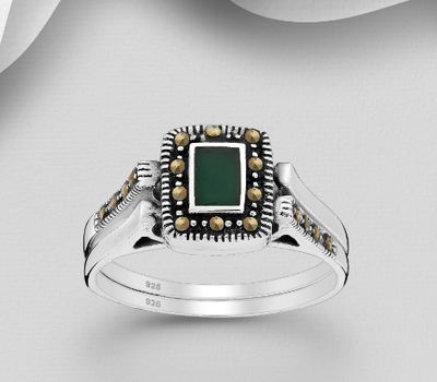 Şəkli böyütmək üçün tiklayın 925 Sterling Silver Ring Decorated With Marcasite Reconstructed Turquoise / Semi-Gemstones