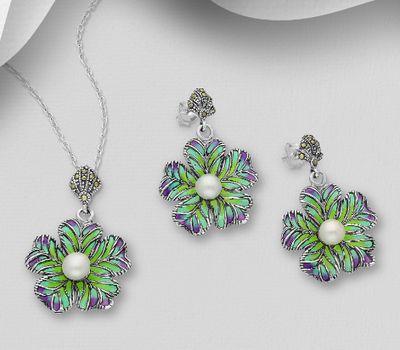 925 Sterling Silver Flower Push-Back Earrings and Pendant, Decorated with Colored Enamel, FreshWater Pearls and Marcasite