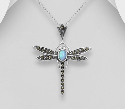 925 Sterling Silver Dragonfly Pendant Decorated With Lab-Created Opal and Marcasite