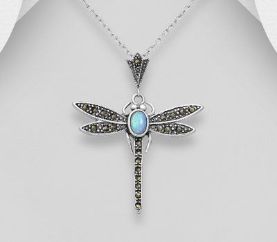 Şəkli böyütmək üçün tiklayın 925 Sterling Silver Dragonfly Pendant Decorated With Lab-Created Opal and Marcasite