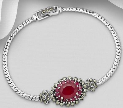 925 Sterling Silver Snake Chain Bracelet with Flower, Decorated with CZ Simulated Diamonds and Marcasite