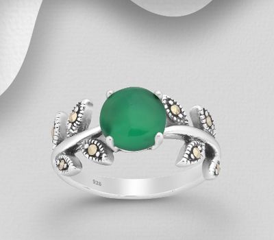 Şəkli böyütmək üçün tiklayın 925 Sterling Silver Leaf Ring, Decorated with Gemstone and Marcasite