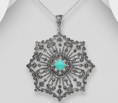 925 Sterling Silver Pendant Decorated With Marcasite and Reconstructed Turquoise and Semi-GemStones