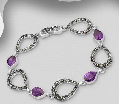 925 Sterling Silver Oxidized Bracelet, Decorated with CZ Simulated Diamonds and Marcasites