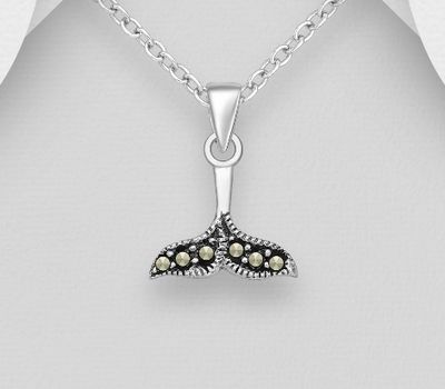 925 Sterling Silver Whale Tail Pendant, Decorated with Marcasite