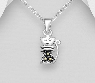 925 Sterling Silver Oxidized Cat Pendant, Decorated with Marcasite