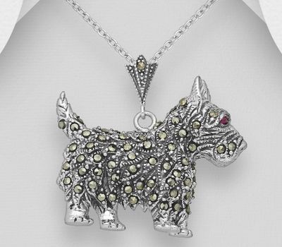925 Sterling Silver Dog Pendant Decorated With Marcasite And CZ