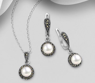 925 Sterling Silver Earrings and Pendant Decorated With Fresh Water Pearl and Marcasite
