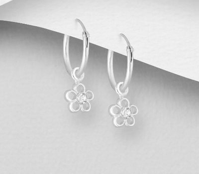 925 Sterling Silver Flower Hoop Earrings, Decorated with Crystal Glass
