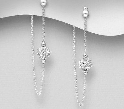 925 Sterling Silver Push-Back Earrings, Decorated with Crystal Glass