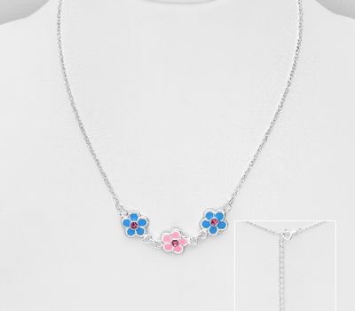 925 Sterling Silver Flower Necklace, Decorated with Crystal Glass and Enamel