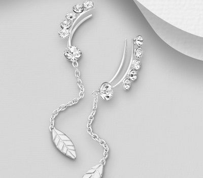 925 Sterling Silver Dangle Leaf Ear Pins Decorated with Crystal Glass