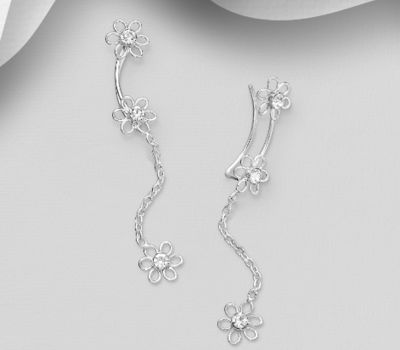 925 Sterling Silver Flower Ear Pins, Decorated with Crystal Glass