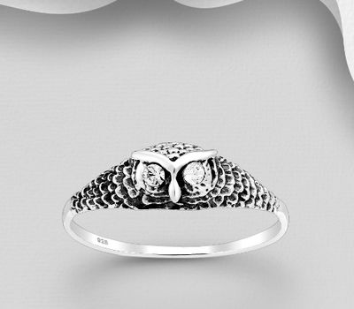 925 Sterling Silver Oxidized Owl Ring, Decorated with Crystal Glass