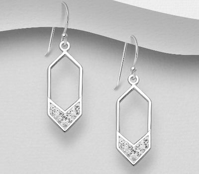 925 Sterling Silver Hexagon Hook Earrings, Decorated with Crystal Glass