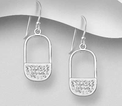 925 Sterling Silver Rectangle Hook Earrings, Decorated with Crystal Glass