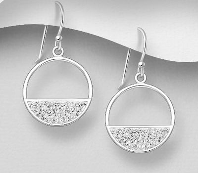 925 Sterling Silver Circle Hook Earrings, Decorated with Crystal Glass