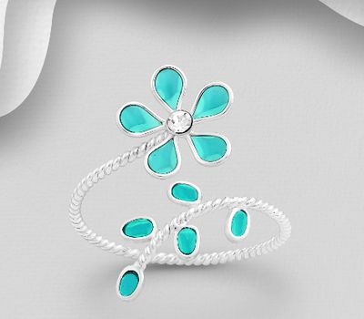 Şəkli böyütmək üçün tiklayın 925 Sterling Silver Flower and Leaf Ring, Decorated with Various Colored Enamel and Crystal Glass