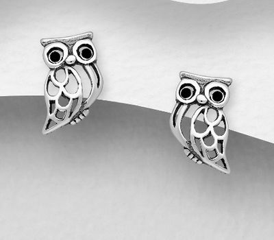 925 Sterling Silver Oxidized Owl Push-Back Earrings, Decorated with Crystal Glass