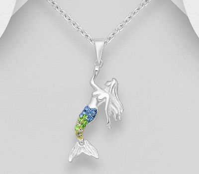 925 Sterling Silver Mermaid Pendant, Decorated with Various Colors of Crystal Glass