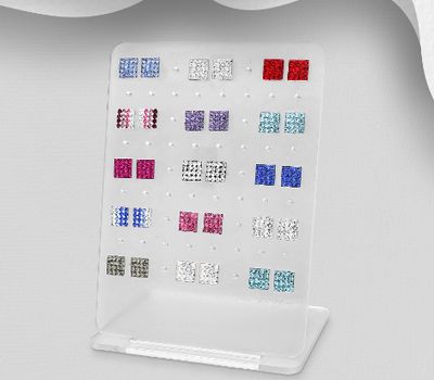925 Sterling Silver Square Push-Back Earrings Set 15 Pairs, Decorated with Various Colors of Crystal Glass. Comes with Display.