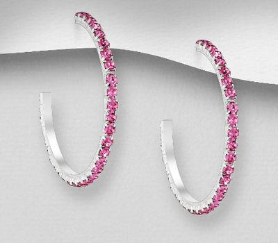 925 Sterling Silver Semi-Circle Push-Back Earrings, Decorated with Various Color Crystal Glass