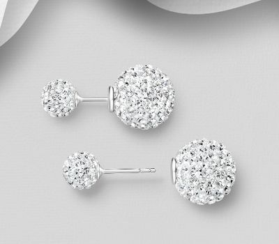 925 Sterling Silver Ball Push-Back Earrings, Decorated with Various Colors Crystal Glass