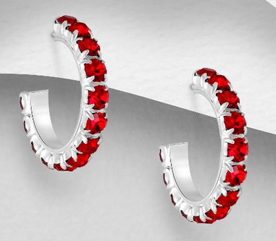 925 Sterling Silver Semi-Circle Push-Back Earrings, Decorated with Various Color Crystal Glass